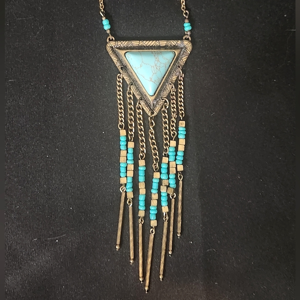 Unique Turquoise and Brass Fringe Triangular Necklace Bohemian Hippie